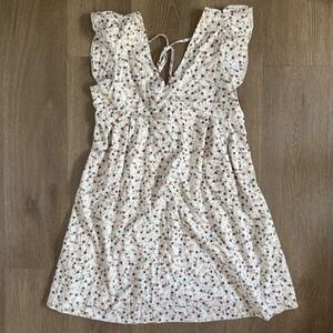 Floral Mini Dress Womens Small White Flutter Sleeve V-Neck Tie Back